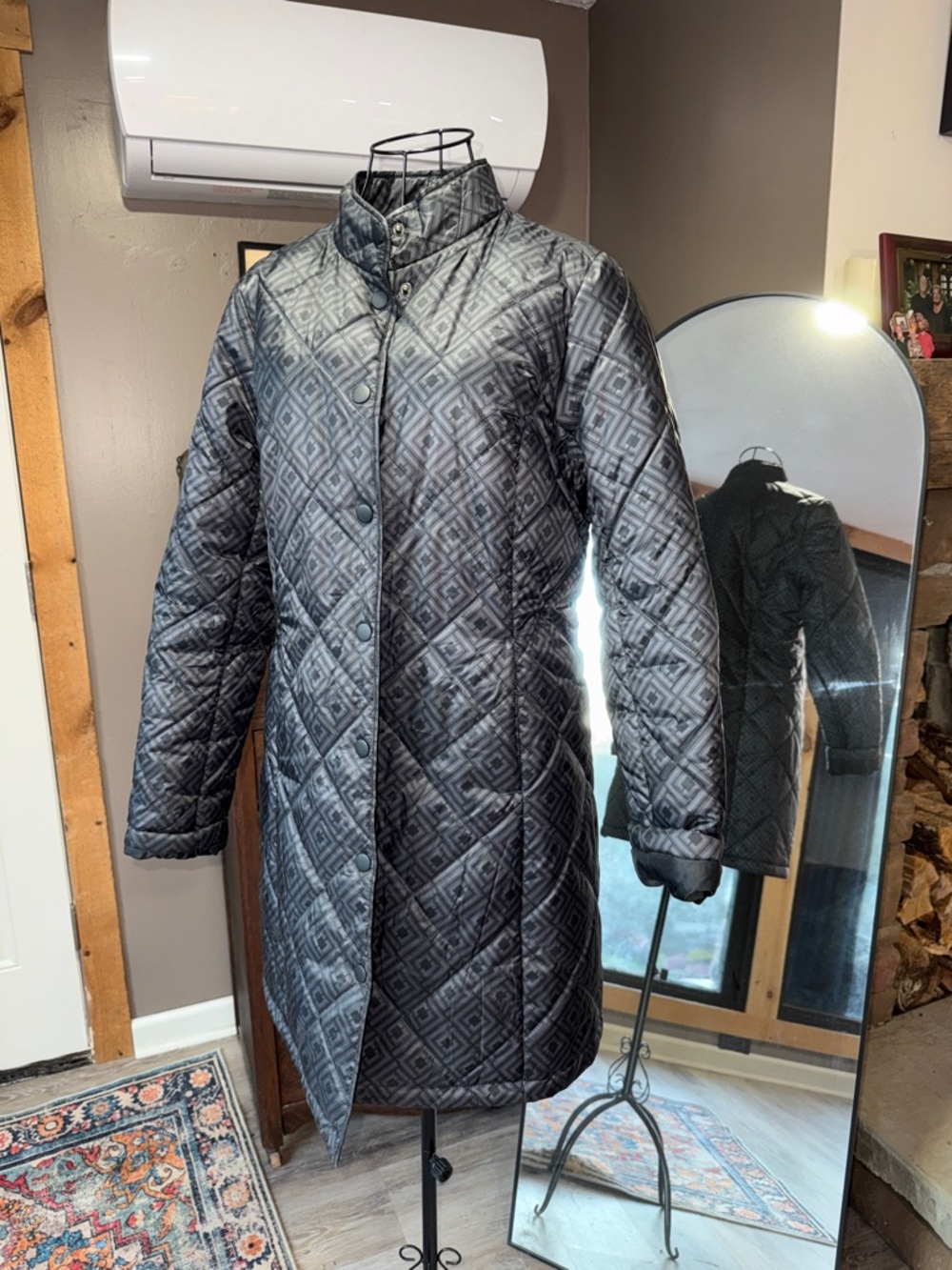Liz Claiborne Black Quilted Geometric-Pattern Long Puffer Coat